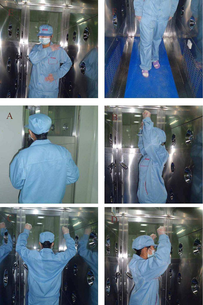 進入風淋室前無塵服應穿著得當，袖口和領口需拉緊，避免衣物內(nèi)外的塵埃進入。